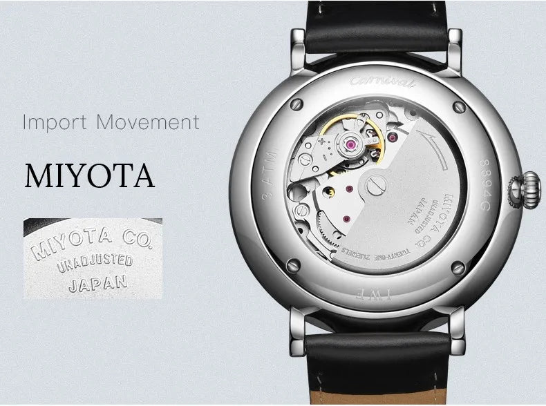 MIYOTA Movement Mechanical Watches Top Brand CARNIVAL Fashion Automatic Watch Men Calendar Week Waterproof Leather Band Sapphire