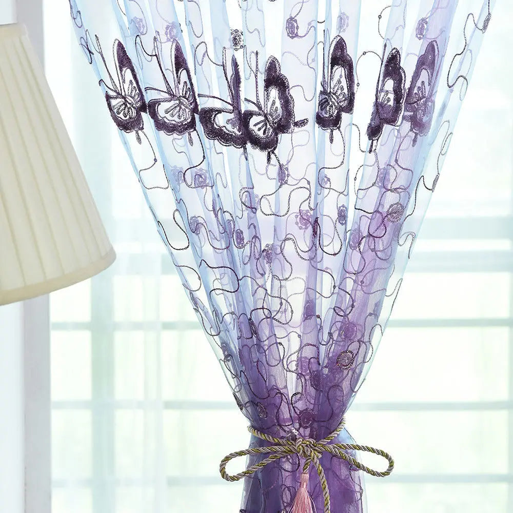 Romantic Modern Embroidered Sequins Butterfly Rustic Sheer Purple Voile Curtains for Living Room Bedroom Kitchen   344&C