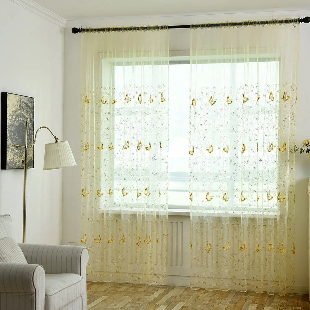 Romantic Modern Embroidered Sequins Butterfly Rustic Sheer Purple Voile Curtains for Living Room Bedroom Kitchen   344&C