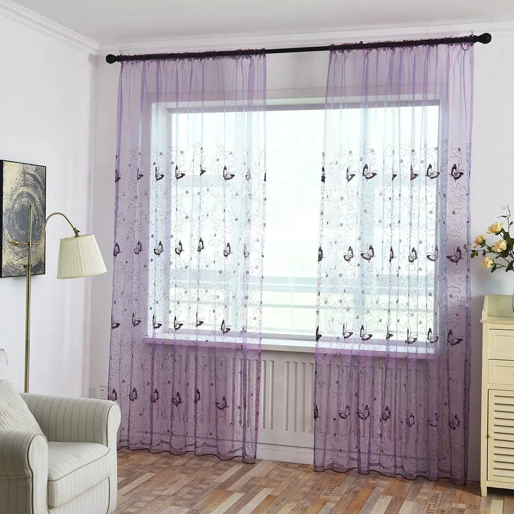 Romantic Modern Embroidered Sequins Butterfly Rustic Sheer Purple Voile Curtains for Living Room Bedroom Kitchen   344&C