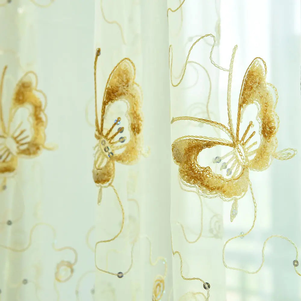 Romantic Modern Embroidered Sequins Butterfly Rustic Sheer Purple Voile Curtains for Living Room Bedroom Kitchen   344&C