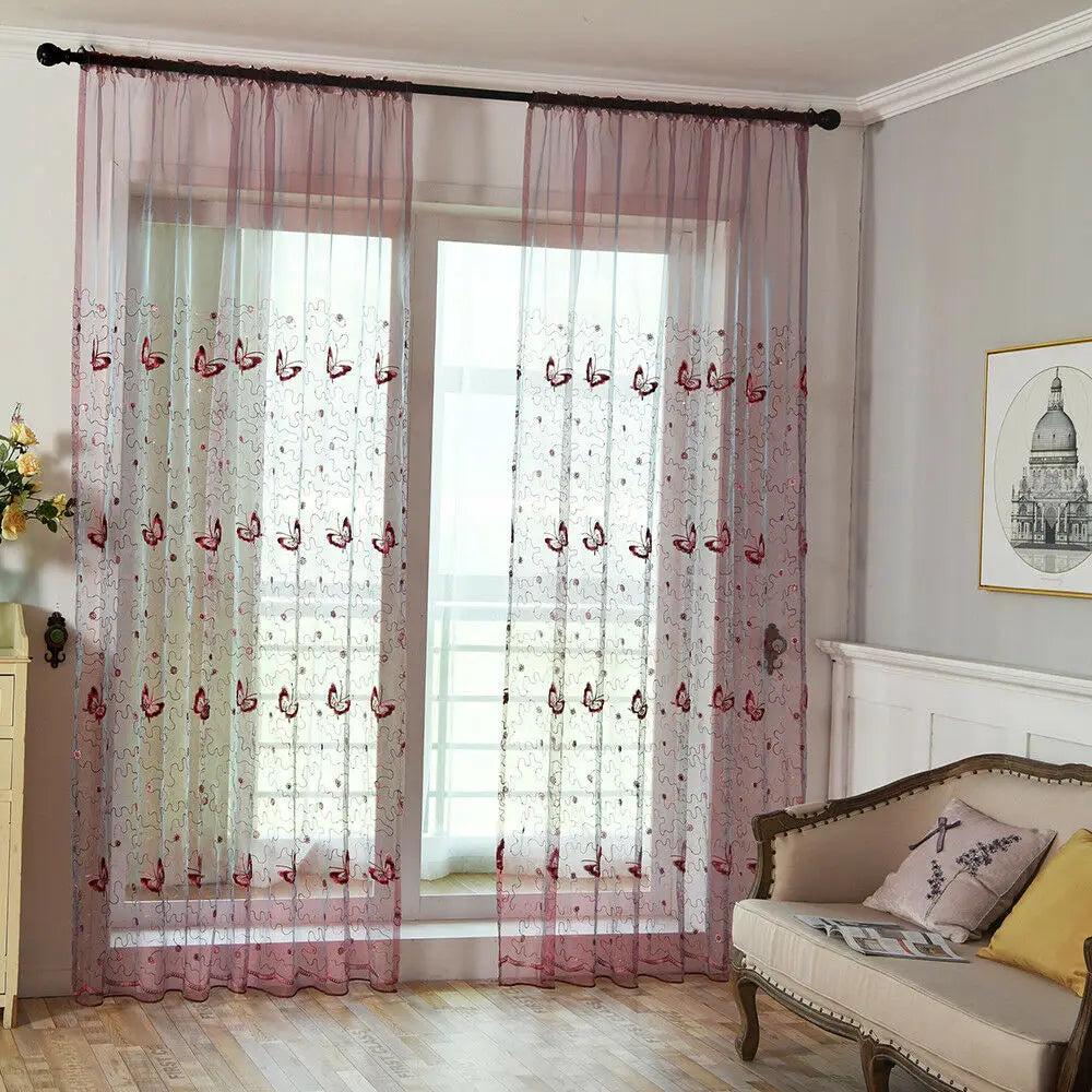 Romantic Modern Embroidered Sequins Butterfly Rustic Sheer Purple Voile Curtains for Living Room Bedroom Kitchen   344&C