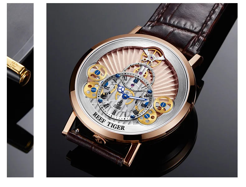 Reef Tiger/RT Men Designer Casual Fashion Quartz Watches Skeleton Sapphire Leather Strap Rose Gold Clock RGA1958