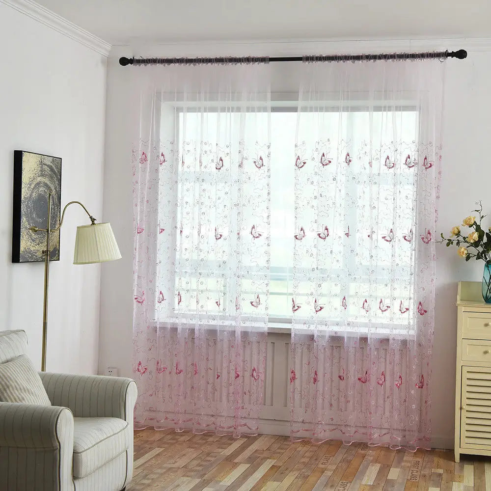 Romantic Modern Embroidered Sequins Butterfly Rustic Sheer Purple Voile Curtains for Living Room Bedroom Kitchen   344&C