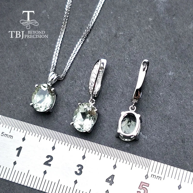 TBJ,Simple  natural green amethyst gemstone jewelry Necklaces and earrings set in 925 silver gemstone for women with gift box