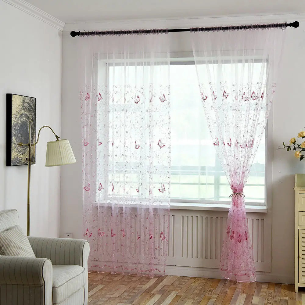 Romantic Modern Embroidered Sequins Butterfly Rustic Sheer Purple Voile Curtains for Living Room Bedroom Kitchen   344&C