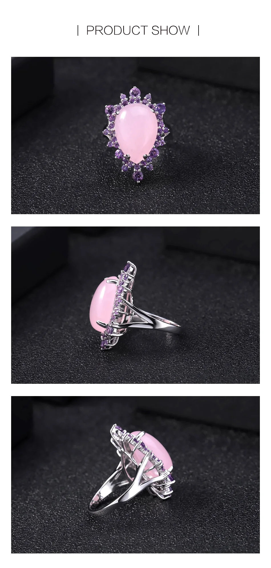 GEM'S BALLET Natural Pink Calcedony Gemstone Ring 925 Sterling Silver Vintage Halo Cocktail  Rings for Women Fine Jewelry