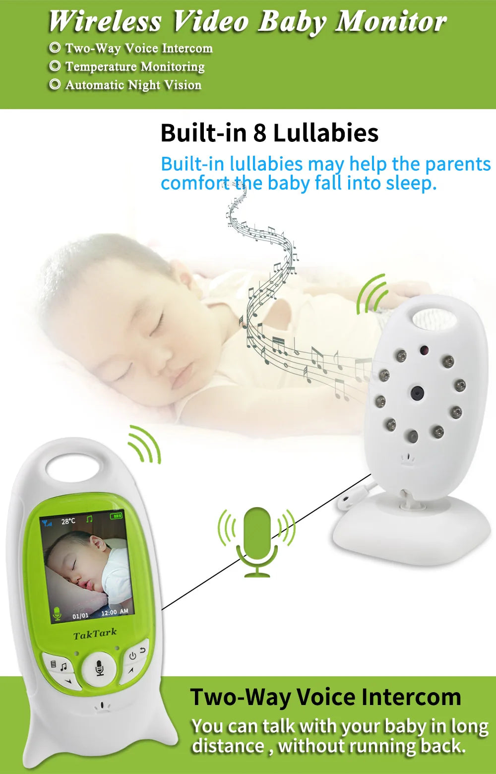 Wireless Video Baby Monitor 2.0 2.8 inch Color  Security Camera 2 Way Talk Night Vision IR LED Temperature Monitoring 8 Lullaby