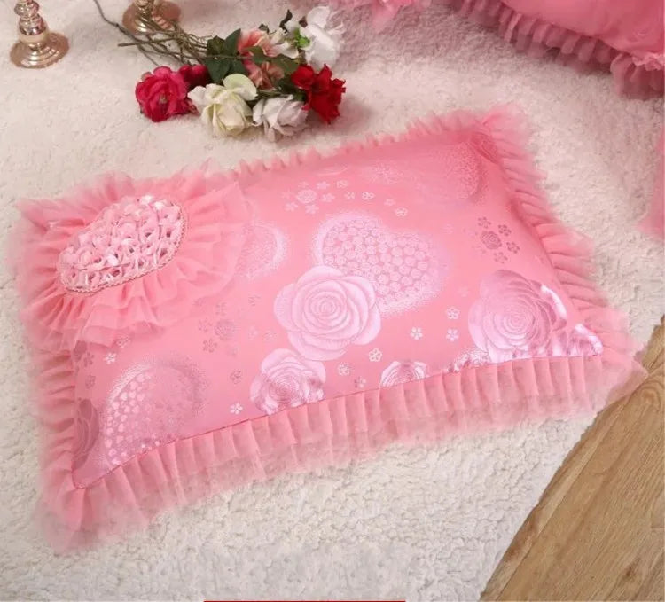 4/6/8pcs Red Pink Lace Princess Bedding Set Luxury Girls Wedding Bed Set Quilt Cover Bed Sheets Queen King Size 2025 New Design