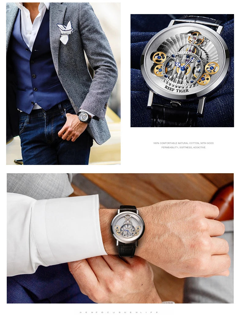 Reef Tiger/RT Men Designer Casual Fashion Quartz Watches Skeleton Sapphire Leather Strap Rose Gold Clock RGA1958