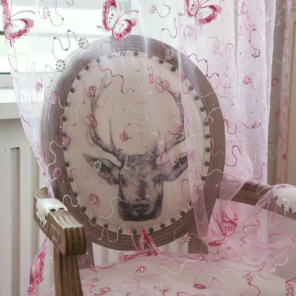 Romantic Modern Embroidered Sequins Butterfly Rustic Sheer Purple Voile Curtains for Living Room Bedroom Kitchen   344&C