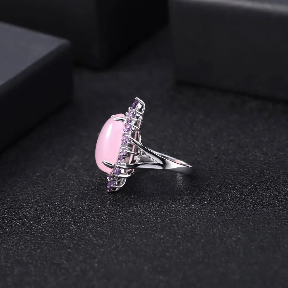 GEM'S BALLET Natural Pink Calcedony Gemstone Ring 925 Sterling Silver Vintage Halo Cocktail  Rings for Women Fine Jewelry
