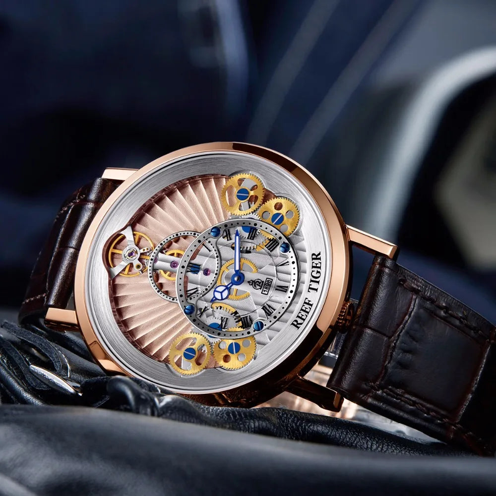 Reef Tiger/RT Men Designer Casual Fashion Quartz Watches Skeleton Sapphire Leather Strap Rose Gold Clock RGA1958