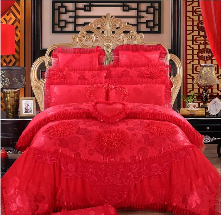 4/6/8pcs Red Pink Lace Princess Bedding Set Luxury Girls Wedding Bed Set Quilt Cover Bed Sheets Queen King Size 2025 New Design