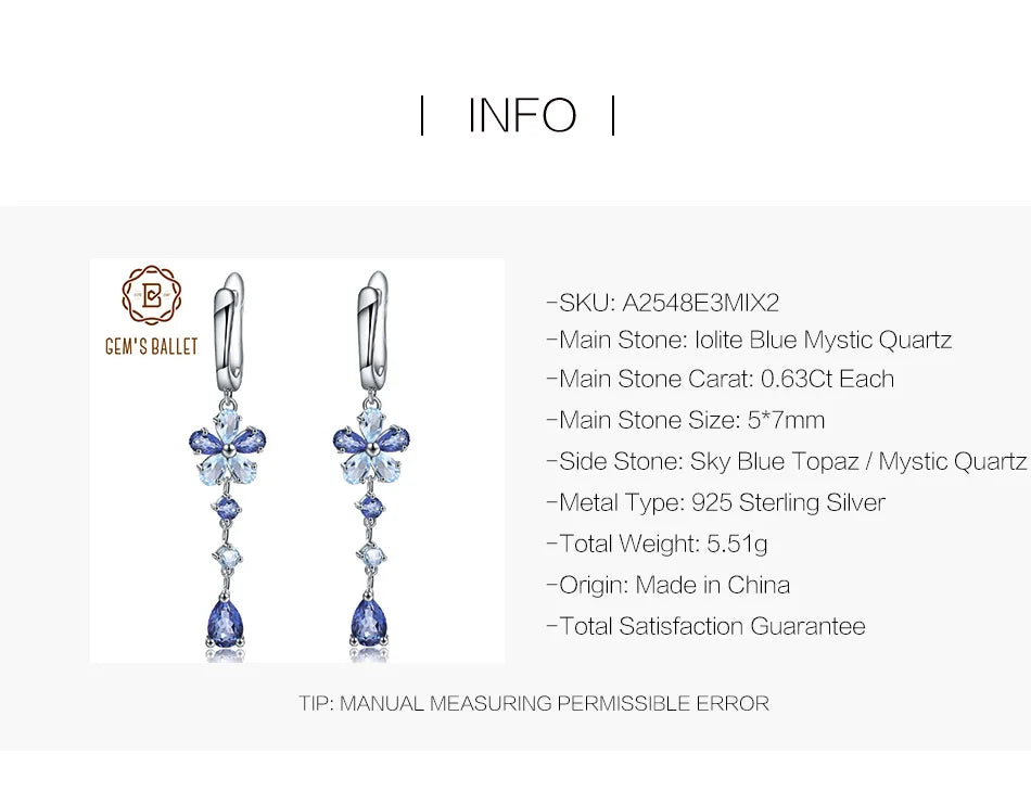 GEM'S BALLET Natural Iolite Blue Mystic Quartz Sky Blue Topaz 925 Sterling Silver Flower Drop Earrings Fine Jewelry for Women