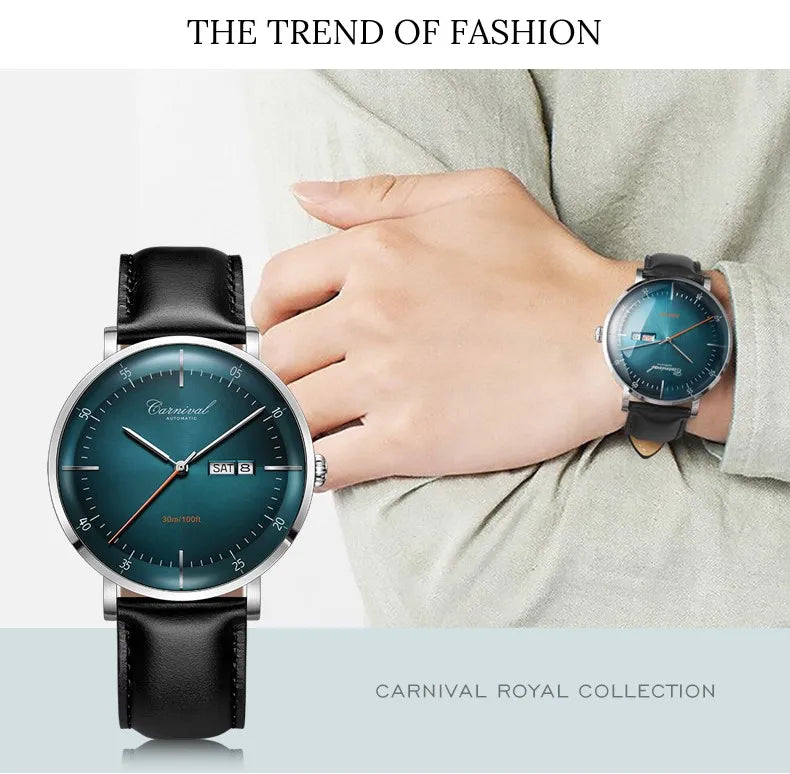MIYOTA Movement Mechanical Watches Top Brand CARNIVAL Fashion Automatic Watch Men Calendar Week Waterproof Leather Band Sapphire