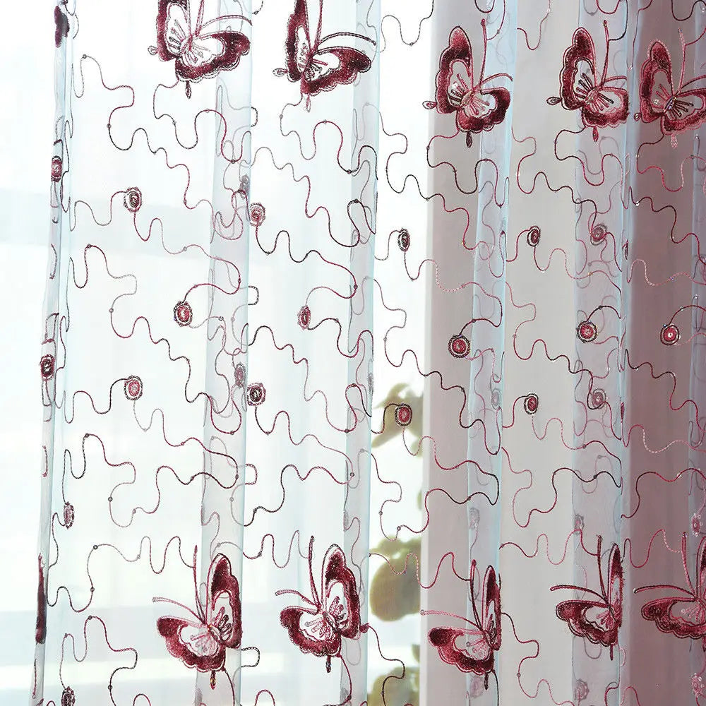 Romantic Modern Embroidered Sequins Butterfly Rustic Sheer Purple Voile Curtains for Living Room Bedroom Kitchen   344&C