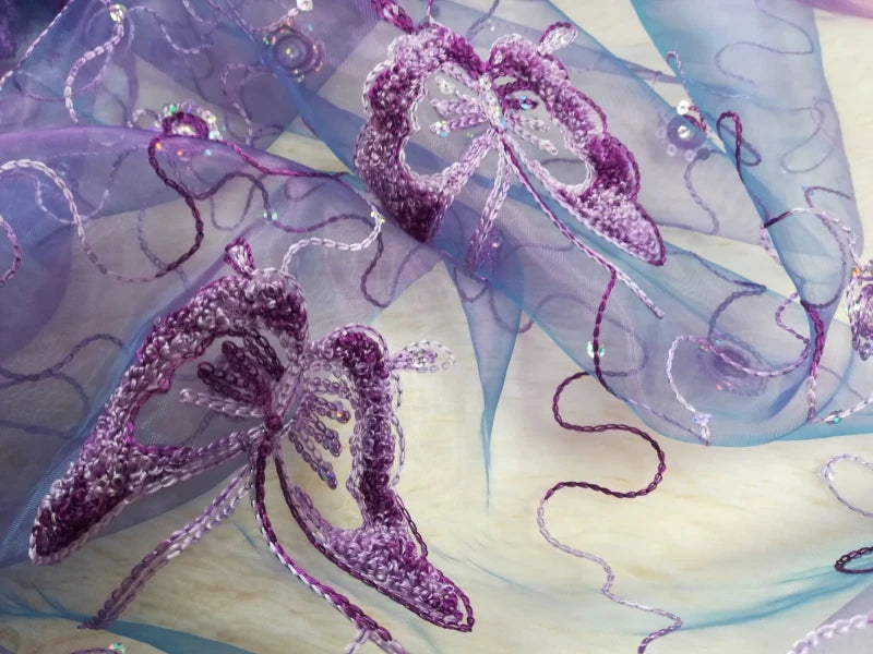 Romantic Modern Embroidered Sequins Butterfly Rustic Sheer Purple Voile Curtains for Living Room Bedroom Kitchen   344&C