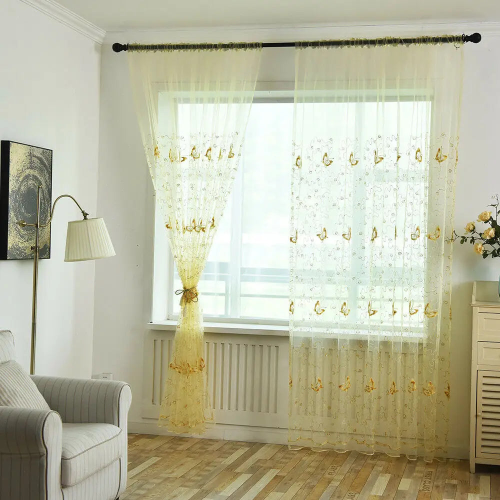 Romantic Modern Embroidered Sequins Butterfly Rustic Sheer Purple Voile Curtains for Living Room Bedroom Kitchen   344&C