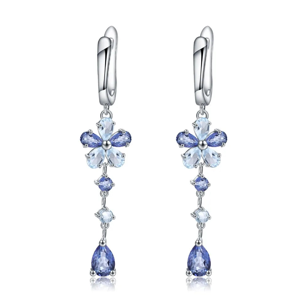 GEM'S BALLET Natural Iolite Blue Mystic Quartz Sky Blue Topaz 925 Sterling Silver Flower Drop Earrings Fine Jewelry for Women