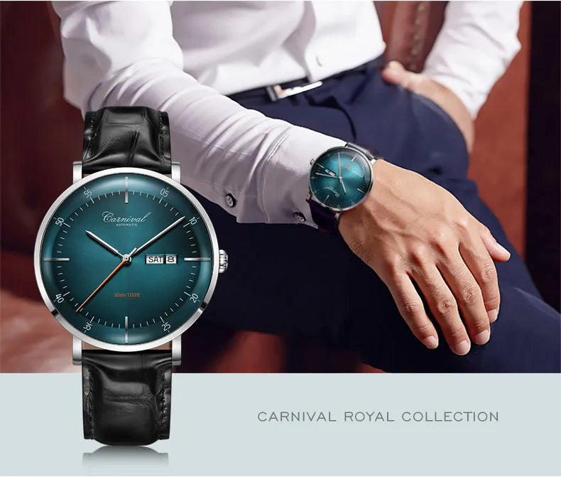 MIYOTA Movement Mechanical Watches Top Brand CARNIVAL Fashion Automatic Watch Men Calendar Week Waterproof Leather Band Sapphire