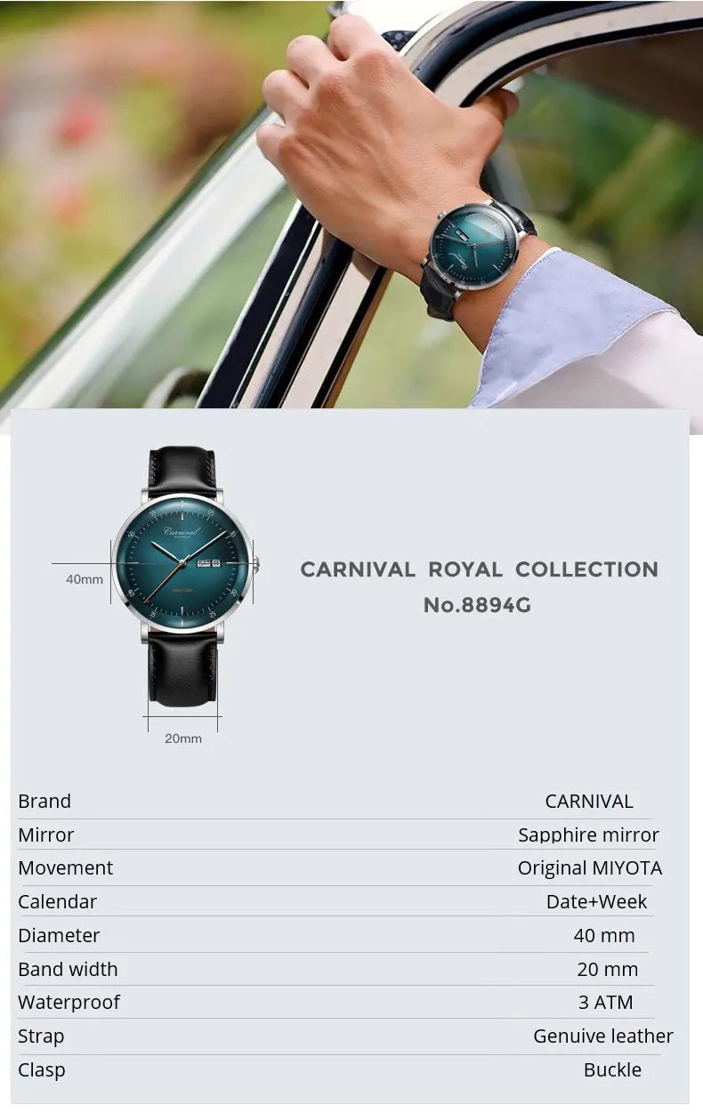 MIYOTA Movement Mechanical Watches Top Brand CARNIVAL Fashion Automatic Watch Men Calendar Week Waterproof Leather Band Sapphire