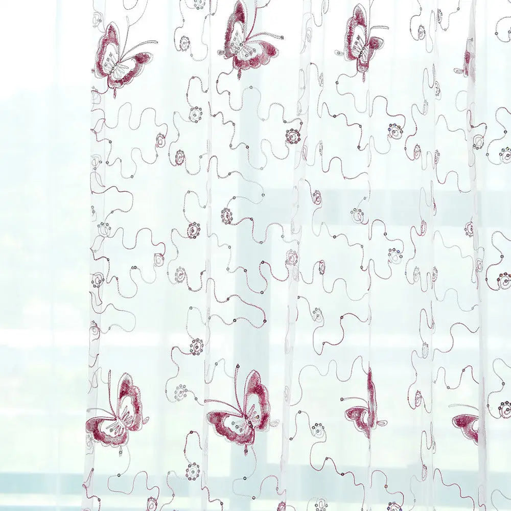 Romantic Modern Embroidered Sequins Butterfly Rustic Sheer Purple Voile Curtains for Living Room Bedroom Kitchen   344&C