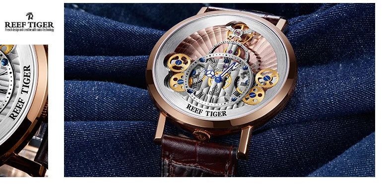 Reef Tiger/RT Men Designer Casual Fashion Quartz Watches Skeleton Sapphire Leather Strap Rose Gold Clock RGA1958