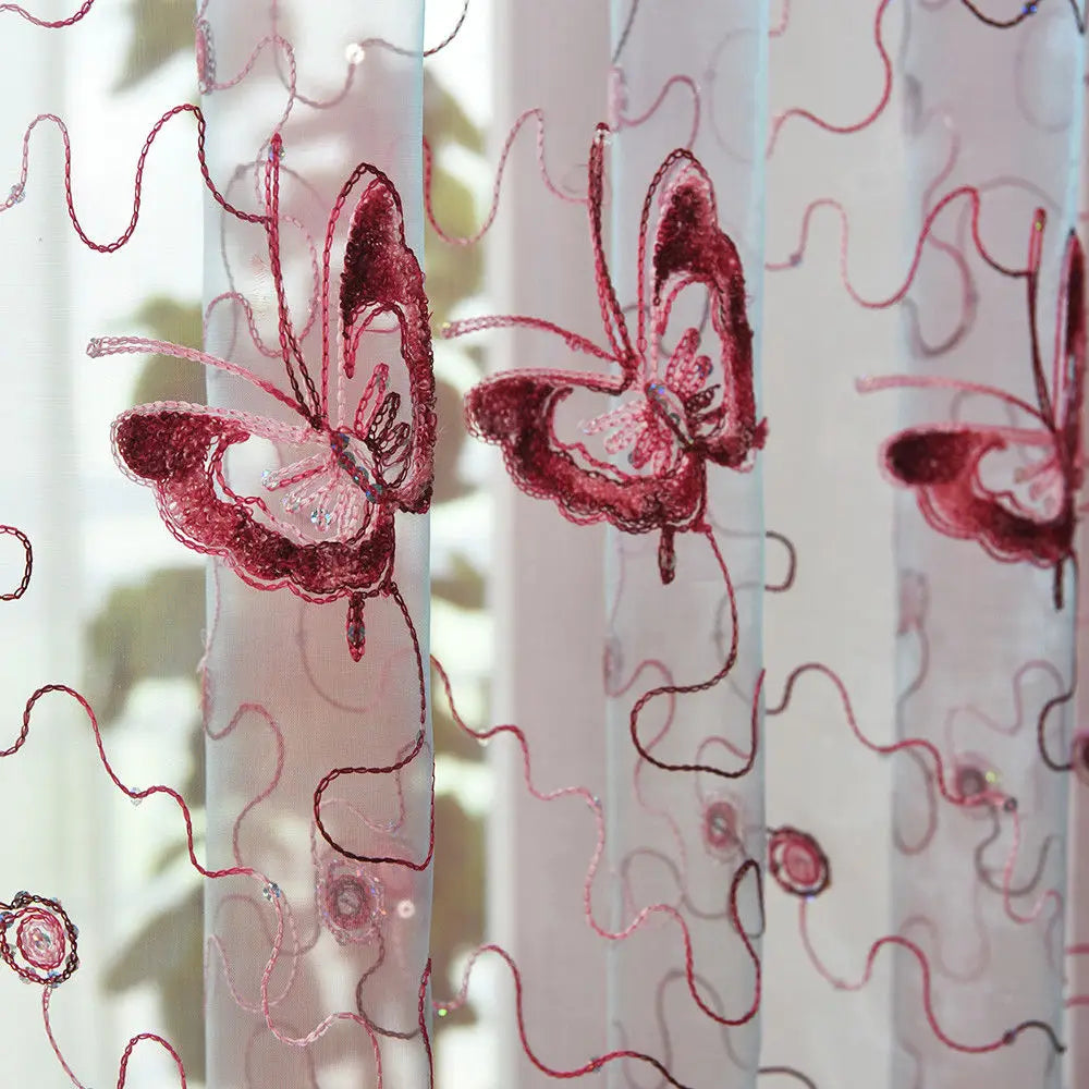Romantic Modern Embroidered Sequins Butterfly Rustic Sheer Purple Voile Curtains for Living Room Bedroom Kitchen   344&C