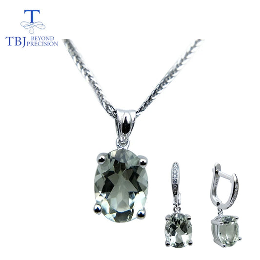 TBJ,Simple  natural green amethyst gemstone jewelry Necklaces and earrings set in 925 silver gemstone for women with gift box
