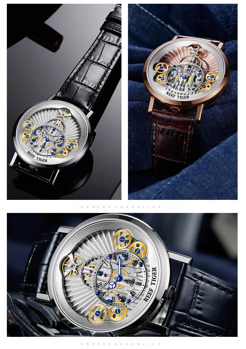 Reef Tiger/RT Men Designer Casual Fashion Quartz Watches Skeleton Sapphire Leather Strap Rose Gold Clock RGA1958