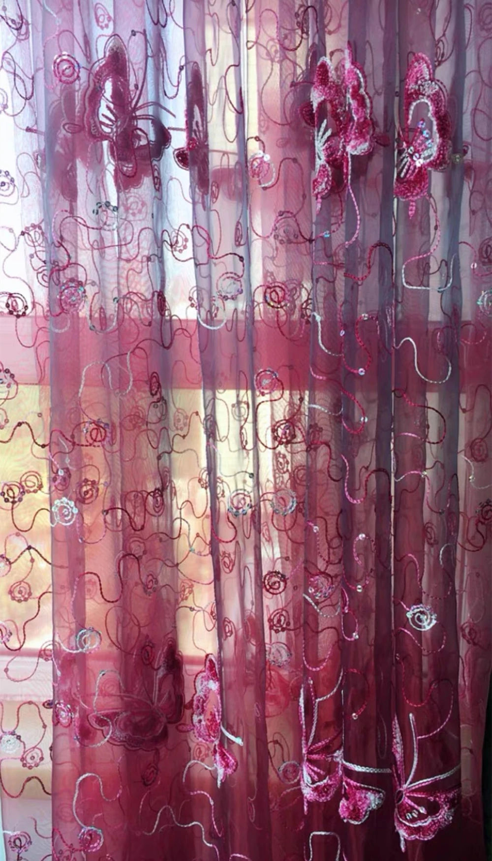 Romantic Modern Embroidered Sequins Butterfly Rustic Sheer Purple Voile Curtains for Living Room Bedroom Kitchen   344&C