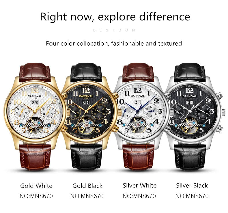Carnival Brand Luxury Tourbillon Watches Leather Calendar Week Month High-End Mechanical Watch Business Men Automatic Clock