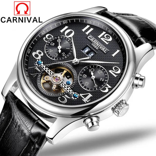 Carnival Brand Luxury Tourbillon Watches Leather Calendar Week Month High-End Mechanical Watch Business Men Automatic Clock