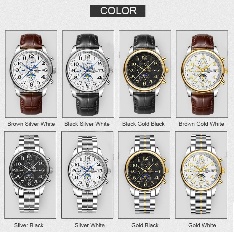 Carnival Brand Automatic Watch Fashion Luxury Waterproof Calendar Moon Phase Mechanical Watches For Men Clock Relogio Masculino