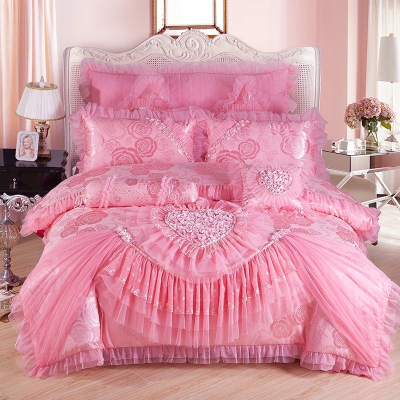 Red Jacquard Satin Cotton Bedding Set Luxury Heart-shaped Lace Princess Wedding Duvet Cover Bed Sheet Bedspread Pillowcases