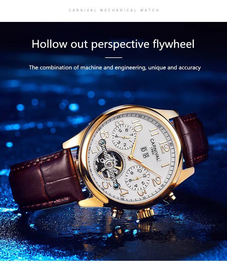 Carnival Brand Luxury Tourbillon Watches Leather Calendar Week Month High-End Mechanical Watch Business Men Automatic Clock