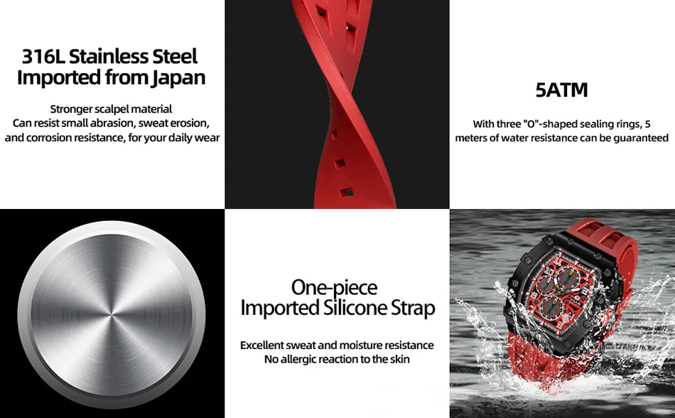 TSAR BOMBA Tonneau Mens Watches Sapphire Crystal Red Wristwatch Waterproof Chronograph Date Clock Luxury Christmas Gift for Men