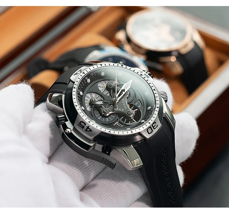 Reef Tiger/RT Luxury Brand Blue Military Watch Men Leather Strap Steel Automatic Watch Waterproof Relogio Masculino RGA3503