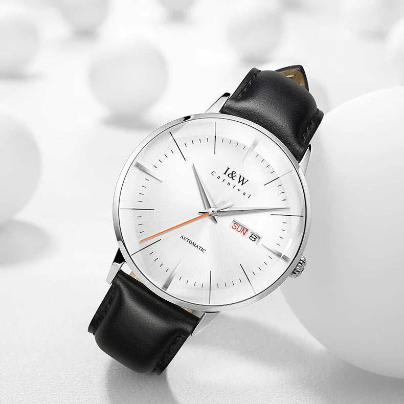 Japan MIYOTA Automatic Watch 3D Curved Sapphire Mechanical Wristwatches Waterproof Leather Strap Double Calendar Watches for Men