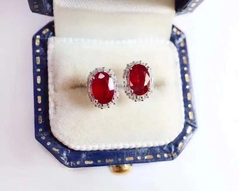 Female Party Jewelry New 100% Natural and Real Ruby Luxury Stud Earring Jewelry  925 Silver