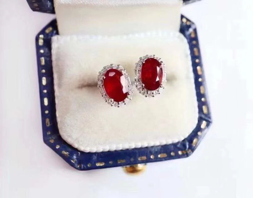 Female Party Jewelry New 100% Natural and Real Ruby Luxury Stud Earring Jewelry  925 Silver