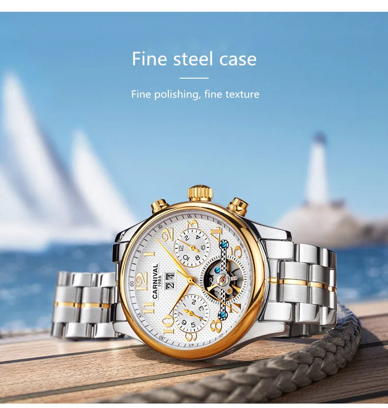 Carnival Brand Luxury Tourbillon Watches Leather Calendar Week Month High-End Mechanical Watch Business Men Automatic Clock