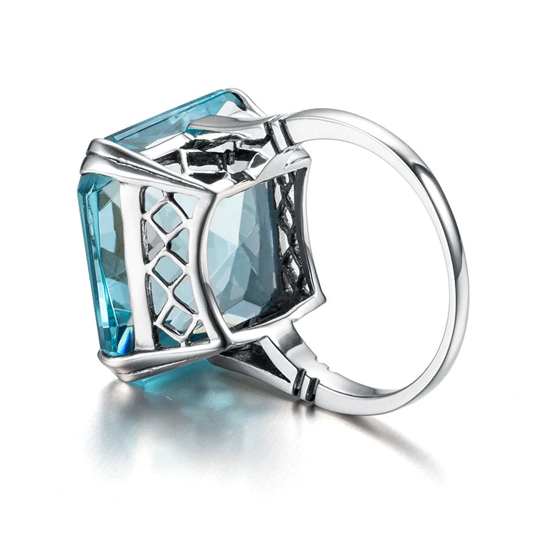 Original 925 Sterling Silver Aquamarine Gemstone Ring For Women Vintage Sparkling Birthstone Square Big Stone Jewelry Handmade