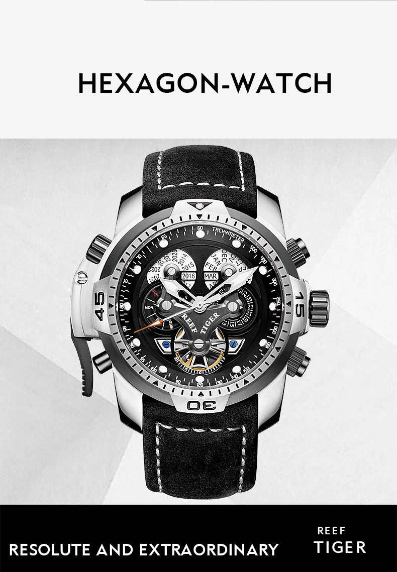Reef Tiger/RT Luxury Brand Blue Military Watch Men Leather Strap Steel Automatic Watch Waterproof Relogio Masculino RGA3503