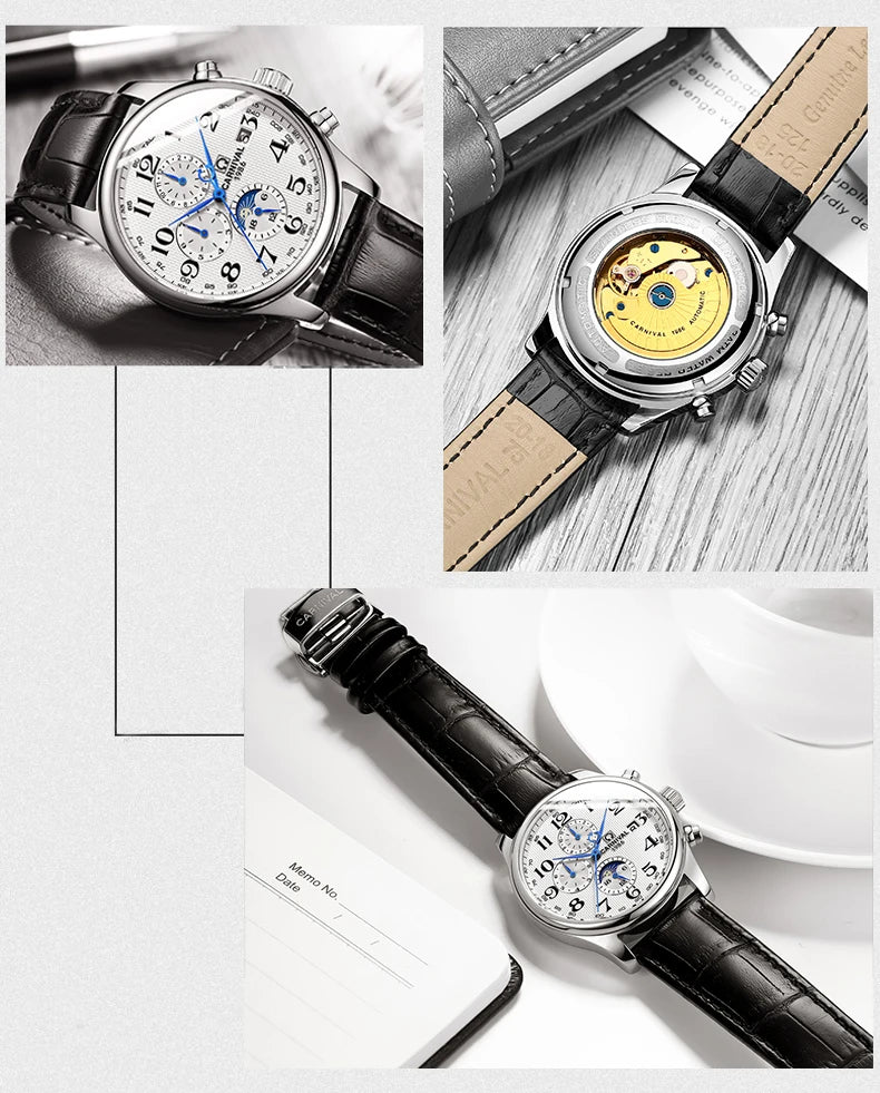 Carnival Brand Automatic Watch Fashion Luxury Waterproof Calendar Moon Phase Mechanical Watches For Men Clock Relogio Masculino