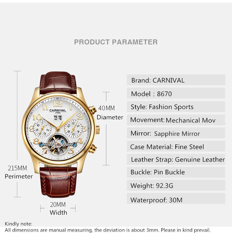 Carnival Brand Luxury Tourbillon Watches Leather Calendar Week Month High-End Mechanical Watch Business Men Automatic Clock