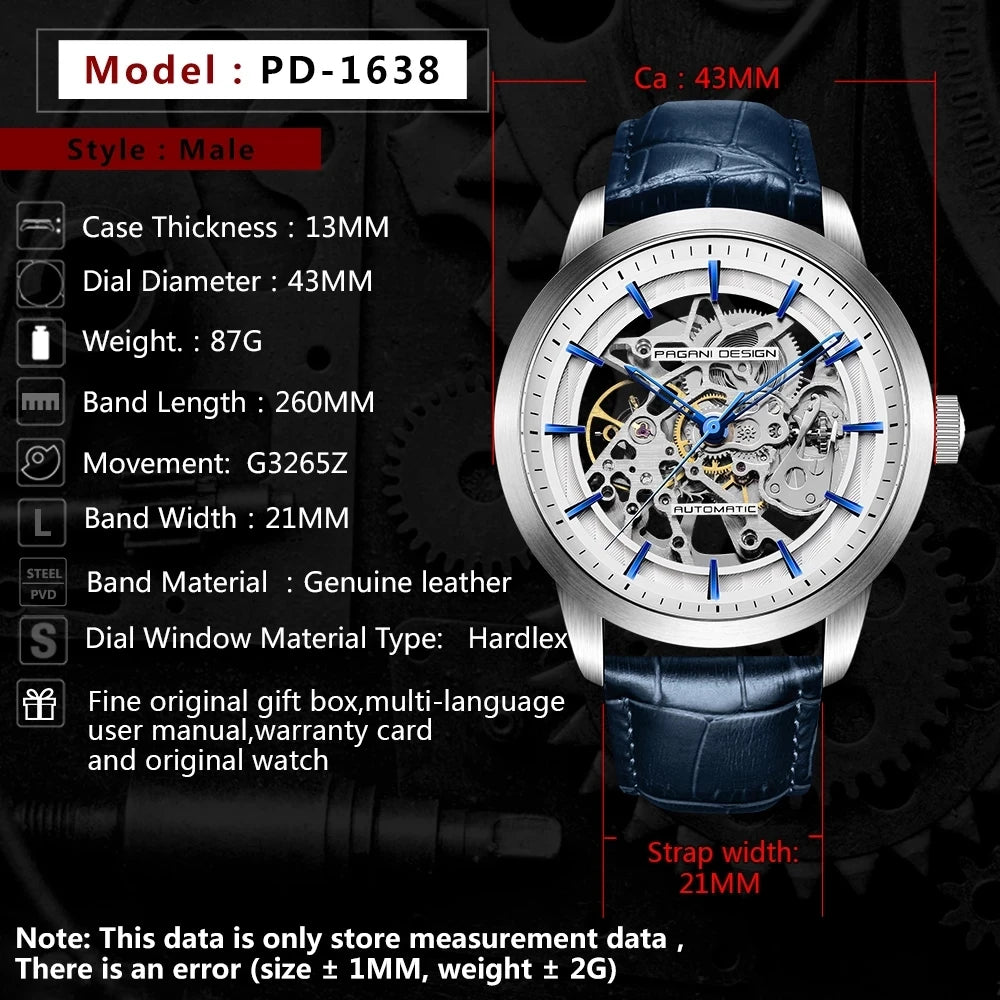 PAGANI DESIGN Markenmode Sportliche Lederuhren für Herren Luxus Automatische Mechanische Skelettuhren Wasserdicht Relogio Masculino