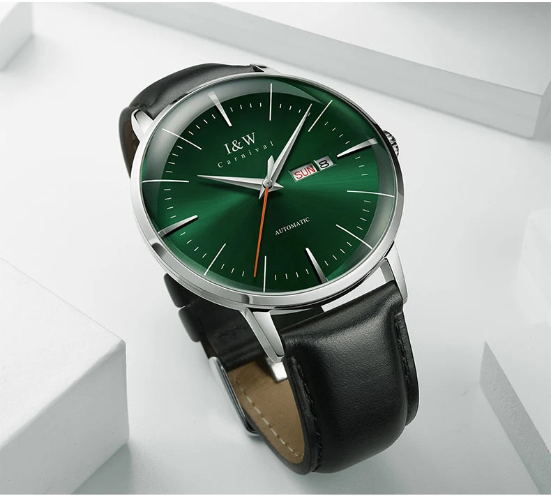 Japan MIYOTA Automatic Watch 3D Curved Sapphire Mechanical Wristwatches Waterproof Leather Strap Double Calendar Watches for Men