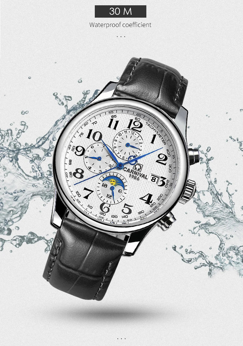 Carnival Brand Automatic Watch Fashion Luxury Waterproof Calendar Moon Phase Mechanical Watches For Men Clock Relogio Masculino
